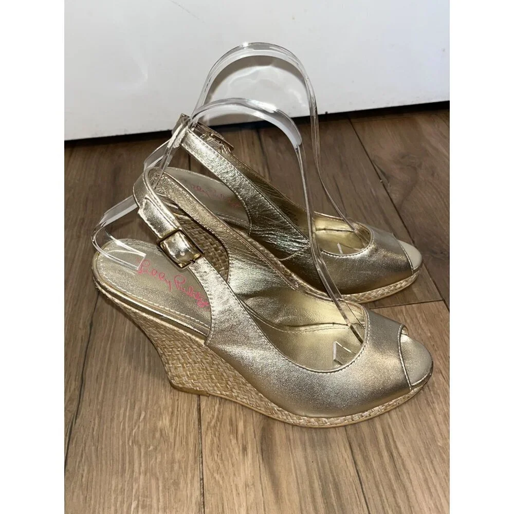 Lilly Pulitzer  Vintage Gold Peep Toe Slingback Wedge Leather Women's Heels Size